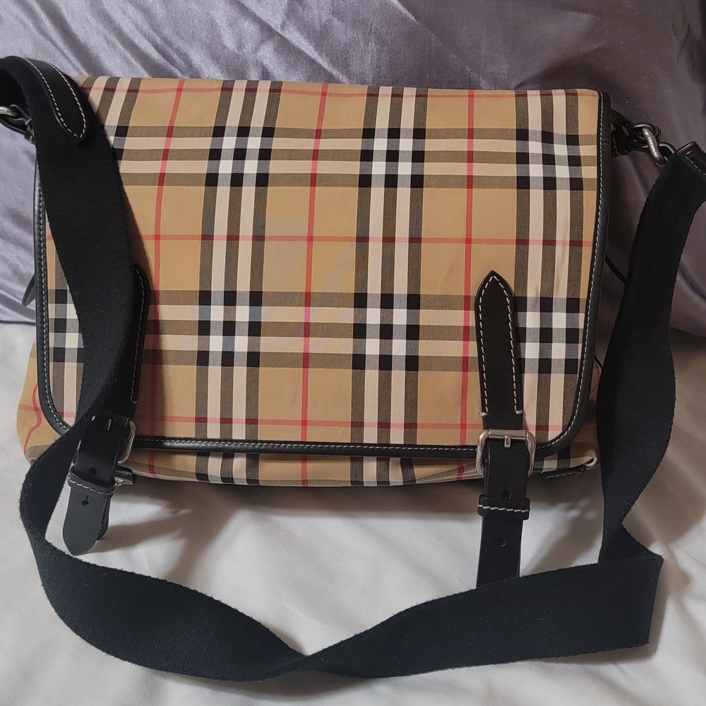 Authentic Burberry Beige and Black Plaid Messenger Bag